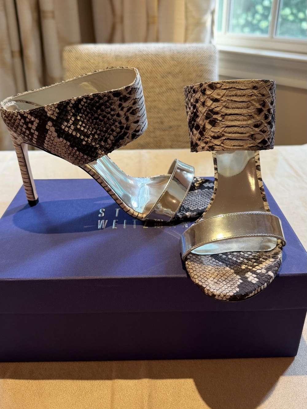 Stuart Weitzman Myslide Sandal in Silver and Python NIB